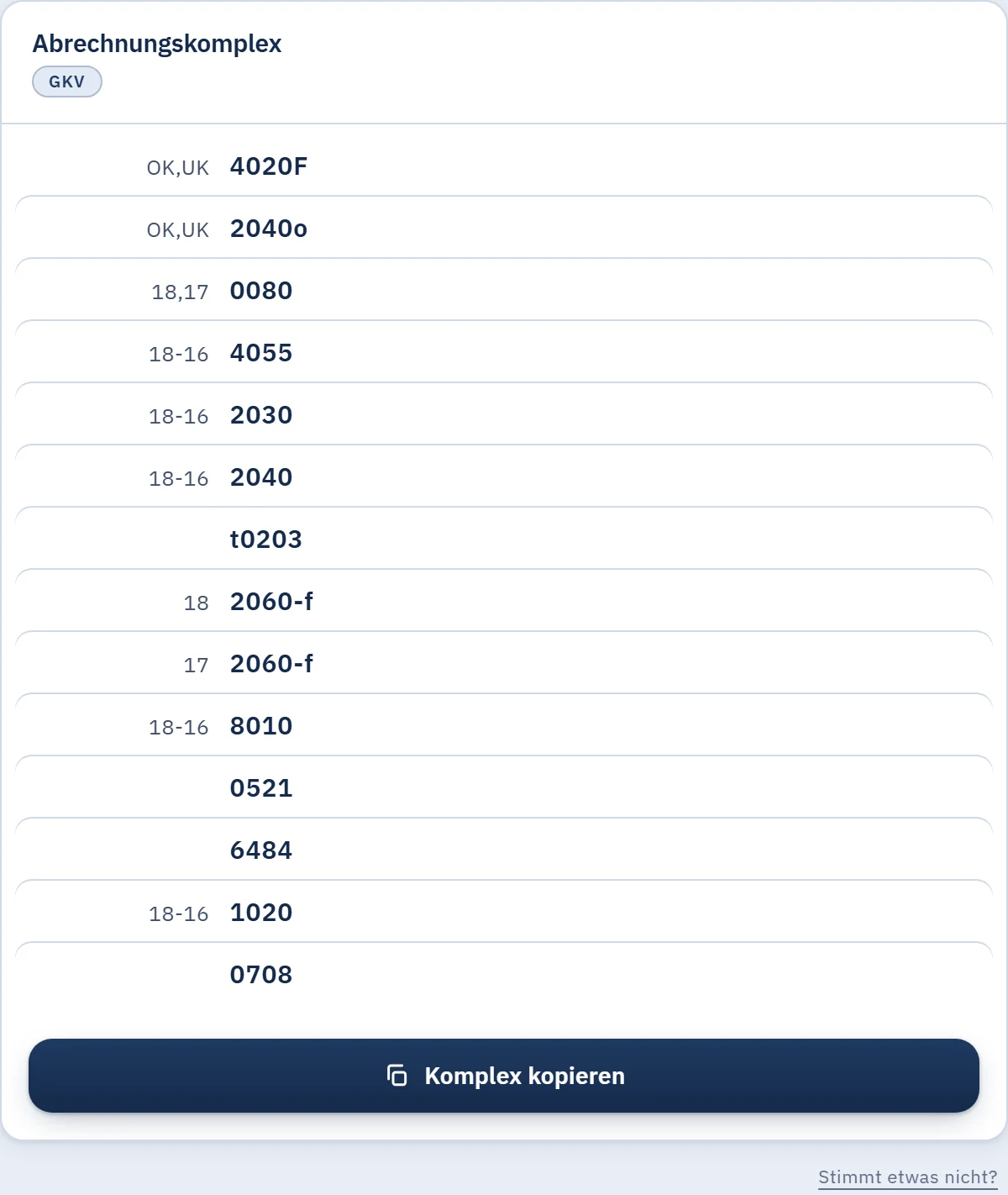 Abrechnungskomplex in LumeDent für eine einflächige Füllung an zwei Zähnen: 14 GKV-Positionen mit Zahnangaben wie „18-16 4055" und „OK,UK 4020F“, darunter die Schaltfläche „Komplex kopieren“.
